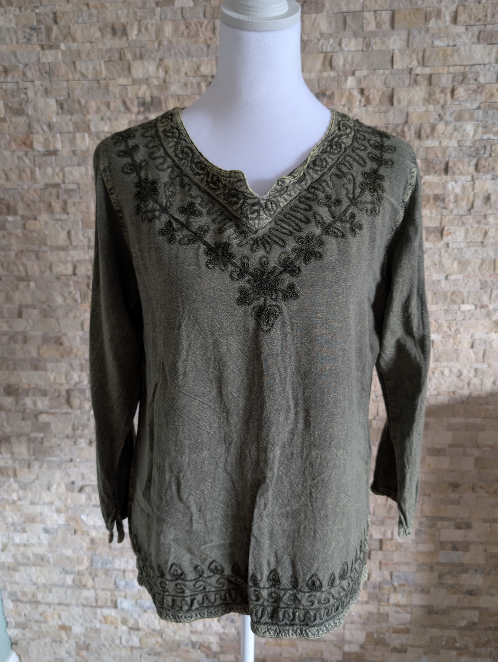 Vintage Kaaku Hippie Boho Embroidered Mineral Wash Tunic Top Green Eco Nature M